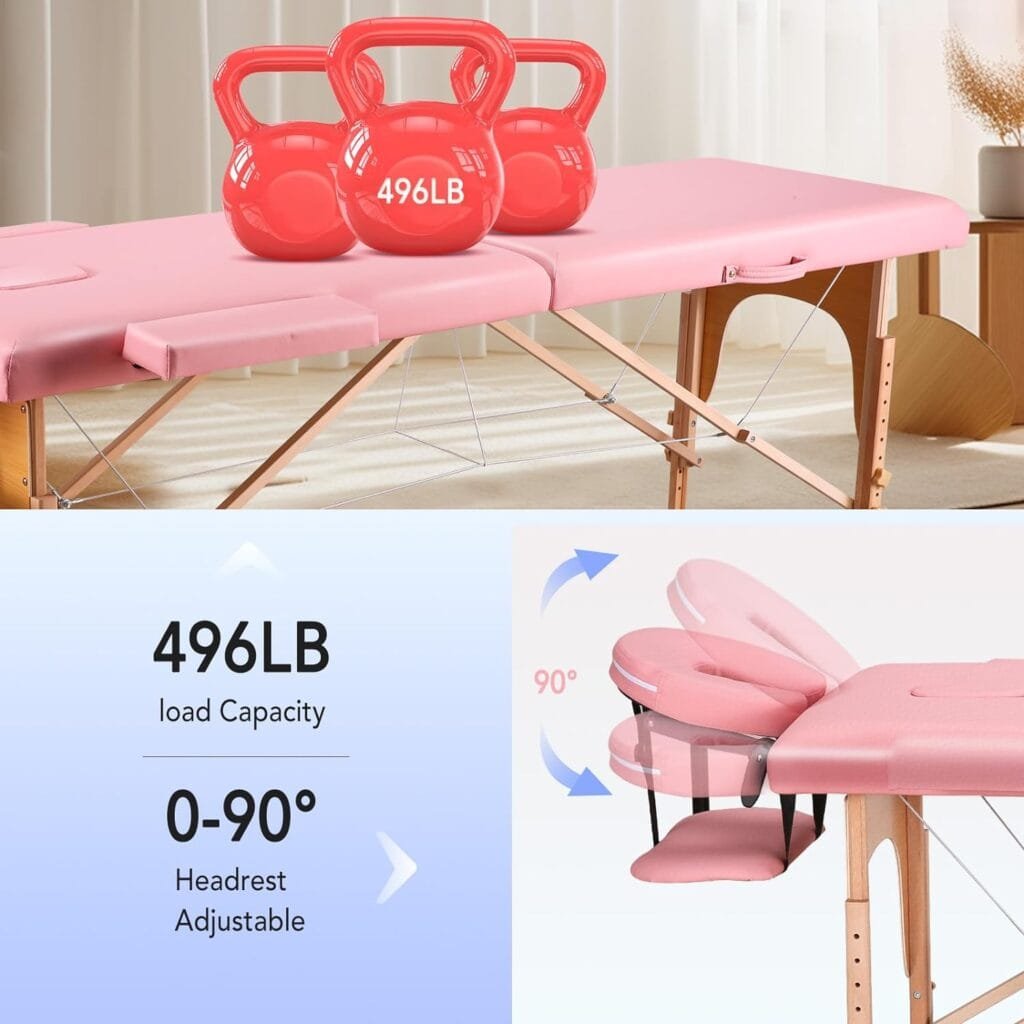CHRUN Massage Table Portable Massage Bed Lash Bed Foldable Spa Bed 84 Height Adjustable（24-35 in） Lightweight with Carry Bag up 496 lbs, Pink