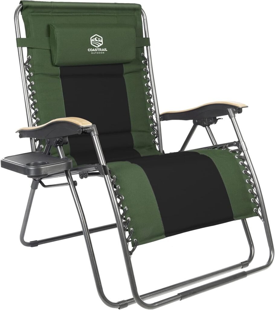 Coastrail Outdoor Zero Gravity Chair Oversized XXL 33.5 Patio Padded Reclining Lounger with Pillow, Side Table for Camping, Lawn, Garden Green/1pack