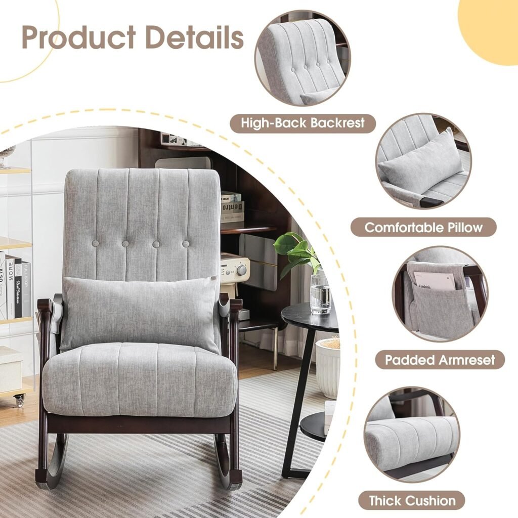 COCO DESIGN Upholstered Rocking Chair, Nursery Rocking Chair Indoor for Living Room, Modern Glider Rocker w/Pillow＆Side Pocket, High Back Padded Seat Side Armchair for Old Man(Grey)