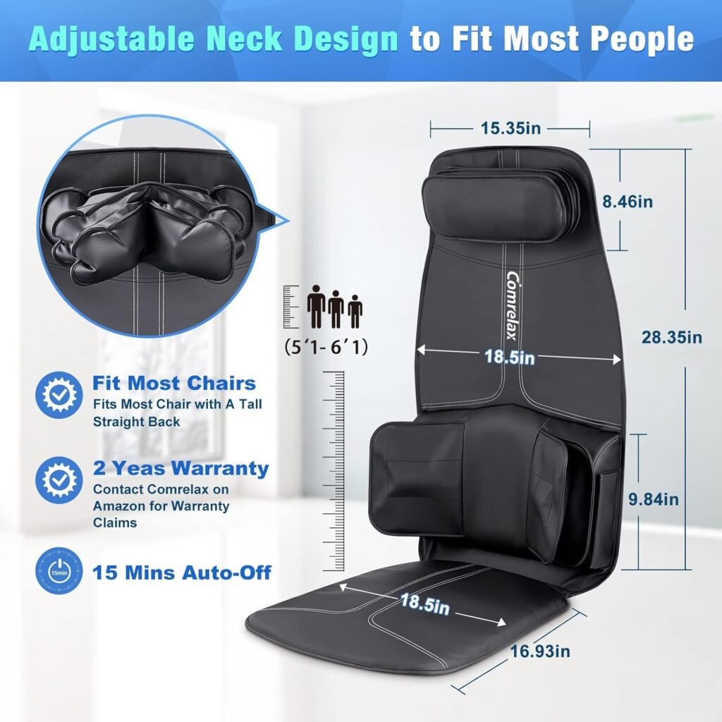 comrelax Back Massage Cushion with Compress, Vibration Seat Massage Chair Pad,3 Modes  3 Intensities Back and Neck Massage for Muscle Fatigue Stress Relief