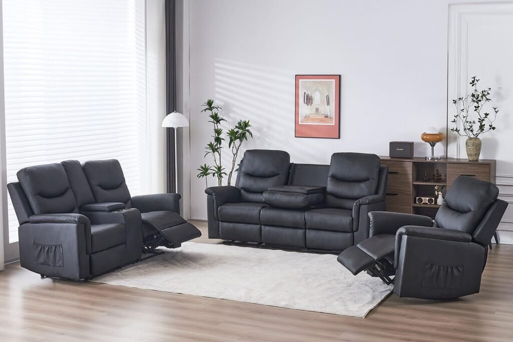 Consofa Reclining Sofa, Wall Hugger Sofa Recliners, 3 Seater Recliner Sofa with 2 Cup Holders, 3-Seater with Flipped Middle Backrest, Manual Reclining Home Theater Seating for Living Room
