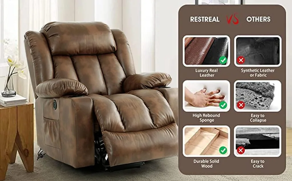 COOSLEEP Lay Flat Sleeping Dual OKIN Motor Lift Chair Recliners for Elderly with Heat and Massage Up to 350 LBS,Breathable Leather with Breathable microporous,USB Ports