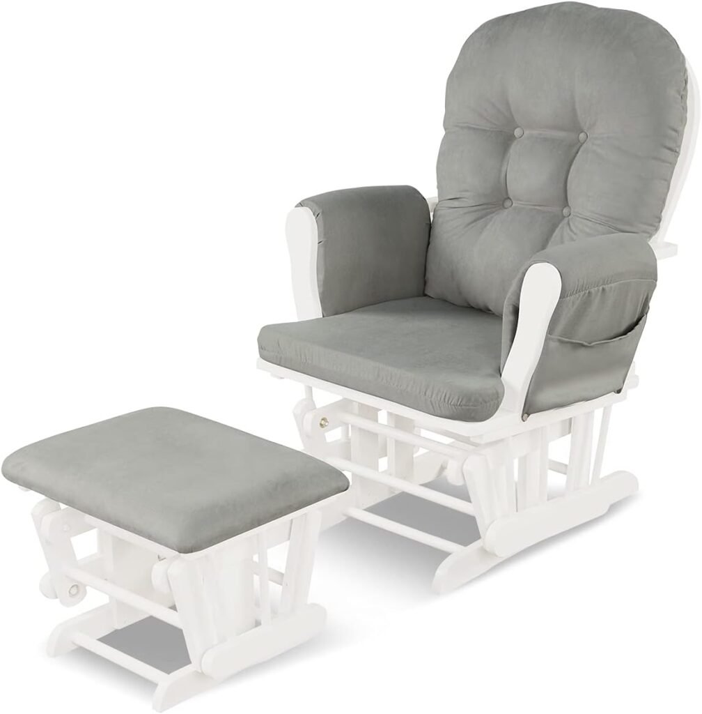 Costzon Glider and Ottoman Set, Wood Glider Rocker for Nursery, Upholstered Comfort Nursing Rocking Chair with Storage Pocket, Padded Armrests  Detachable Cushion, Easy to Assemble (Light Gray)