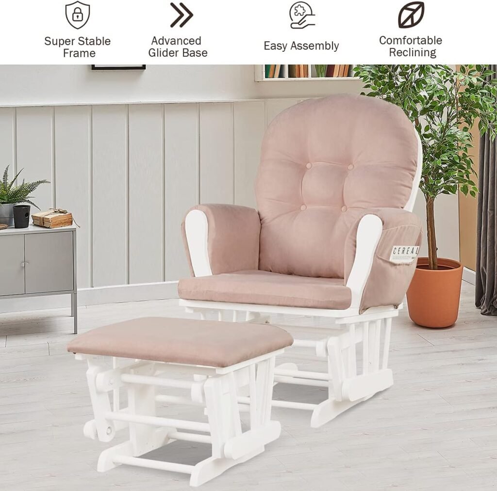 Costzon Glider and Ottoman Set, Wood Glider Rocker for Nursery, Upholstered Comfort Nursing Rocking Chair with Storage Pocket, Padded Armrests  Detachable Cushion, Easy to Assemble (Light Gray)