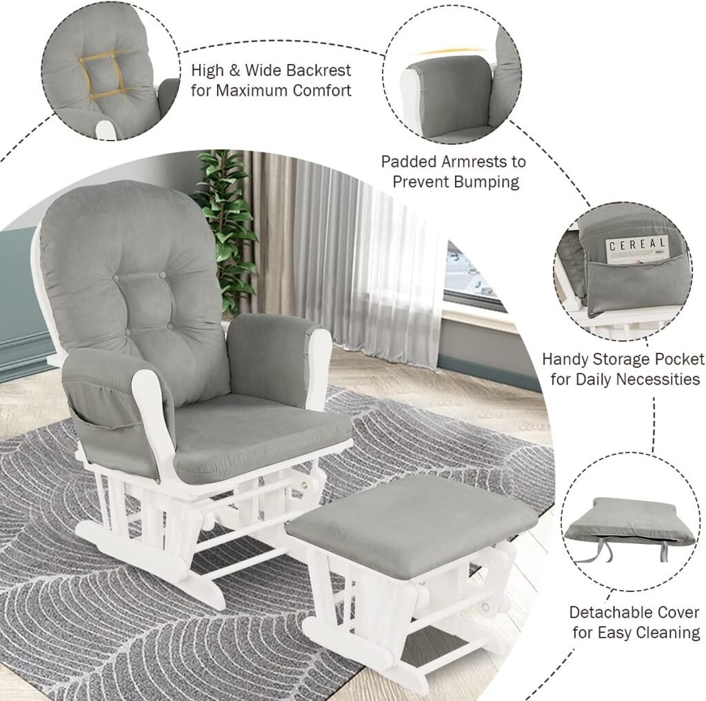 Costzon Glider and Ottoman Set, Wood Glider Rocker for Nursery, Upholstered Comfort Nursing Rocking Chair with Storage Pocket, Padded Armrests  Detachable Cushion, Easy to Assemble (Light Gray)