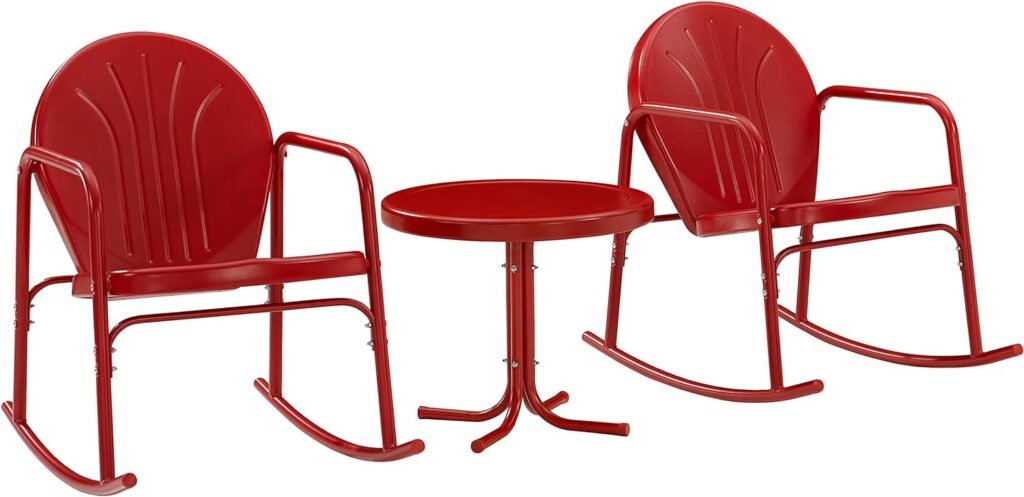 Crosley Furniture KO10020RE Griffith 3-Piece Retro Metal Outdoor Seating Set with Side Table and 2 Rocking Chairs, Bright Red Gloss