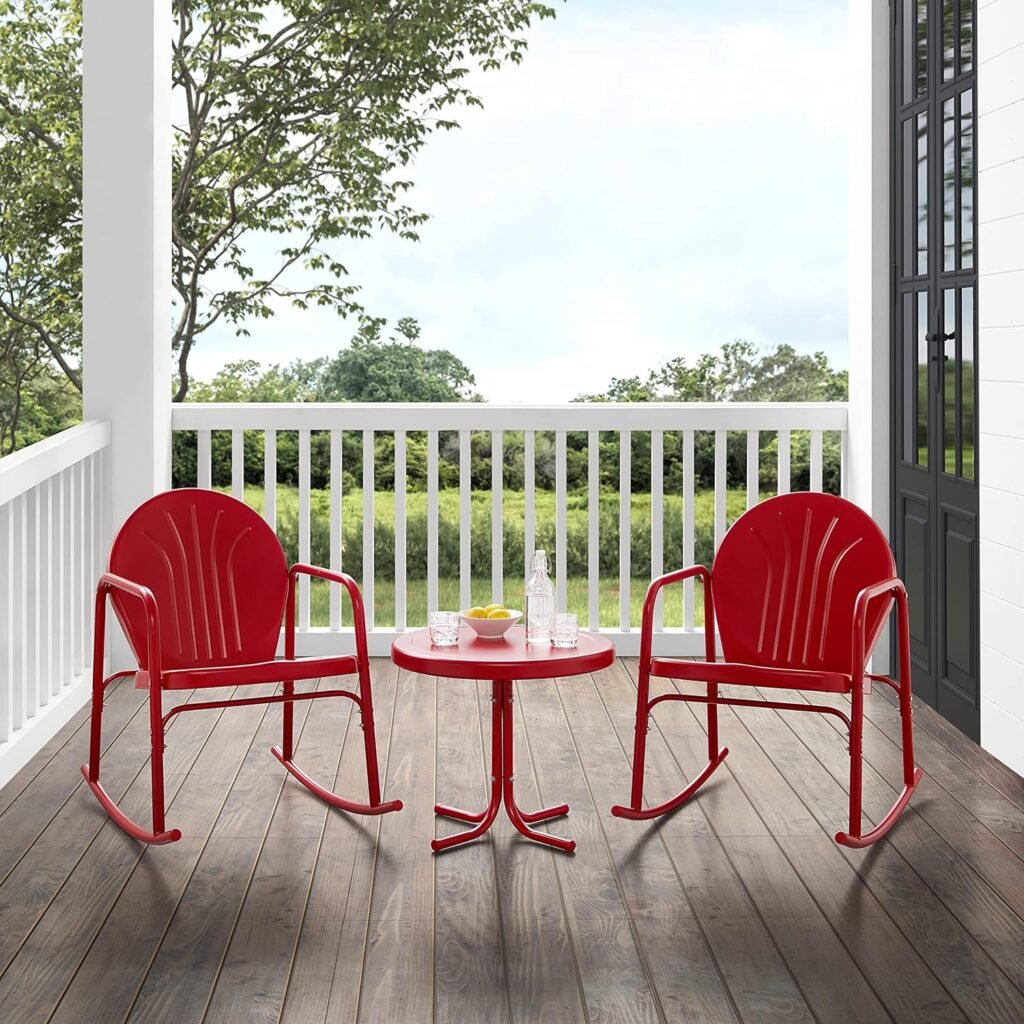 Crosley Furniture KO10020RE Griffith 3-Piece Retro Metal Outdoor Seating Set with Side Table and 2 Rocking Chairs, Bright Red Gloss