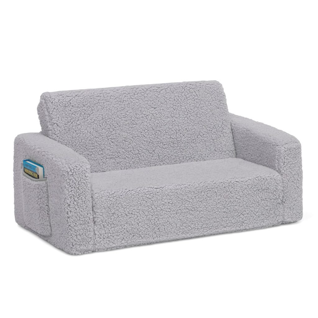 Delta Children Cozee Flip-Out Sherpa 2-in-1 Convertible Sofa to Lounger for Kids, Cream