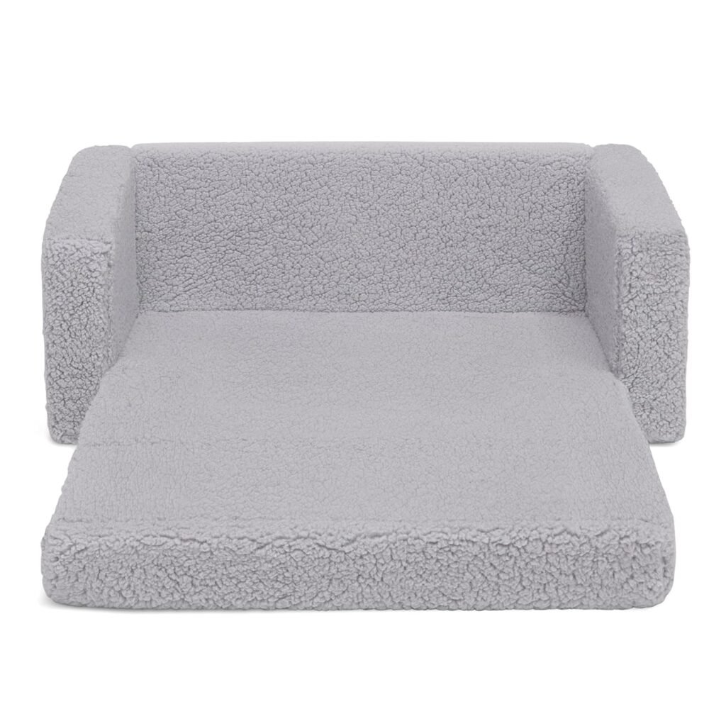 Delta Children Cozee Flip-Out Sherpa 2-in-1 Convertible Sofa to Lounger for Kids, Cream