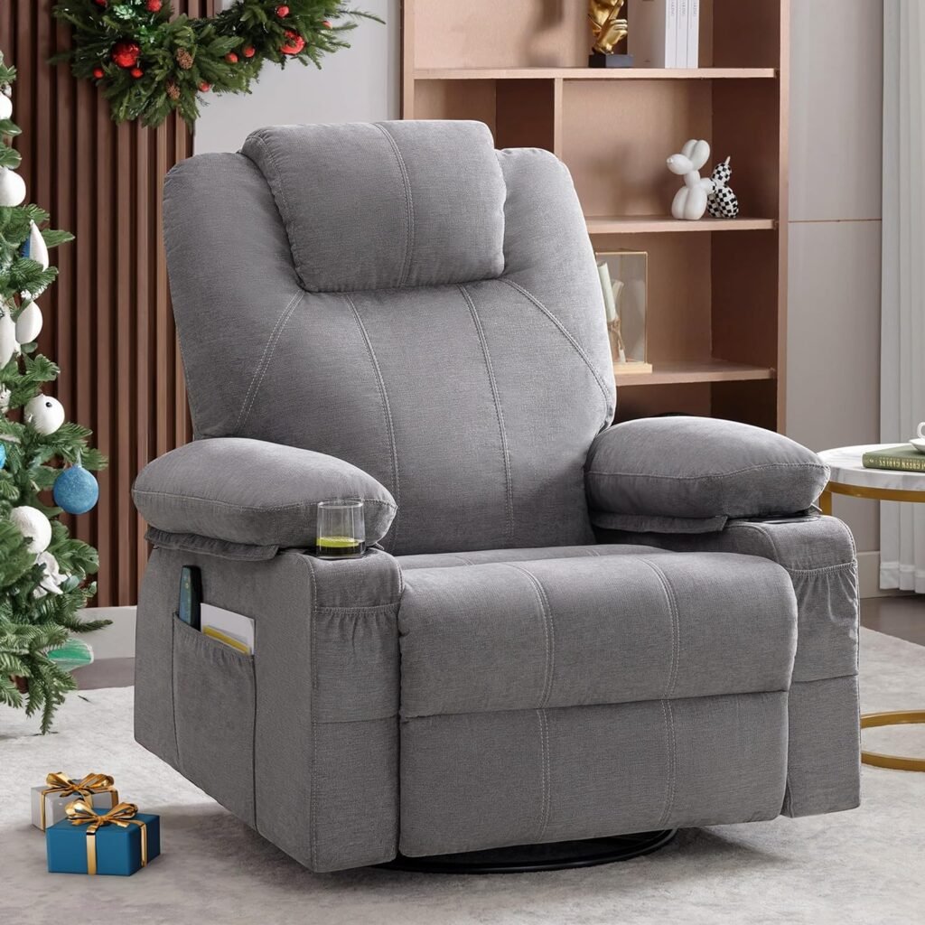 DIFUY Swivel Rocker Recliner Chair with Heat and Massage, 360 Degree Swivel Rocking Single Sofa with Cup Holders and USB Port, Big Oversized Recliner Chair for Living Room (Fabric, Pale Grey) …