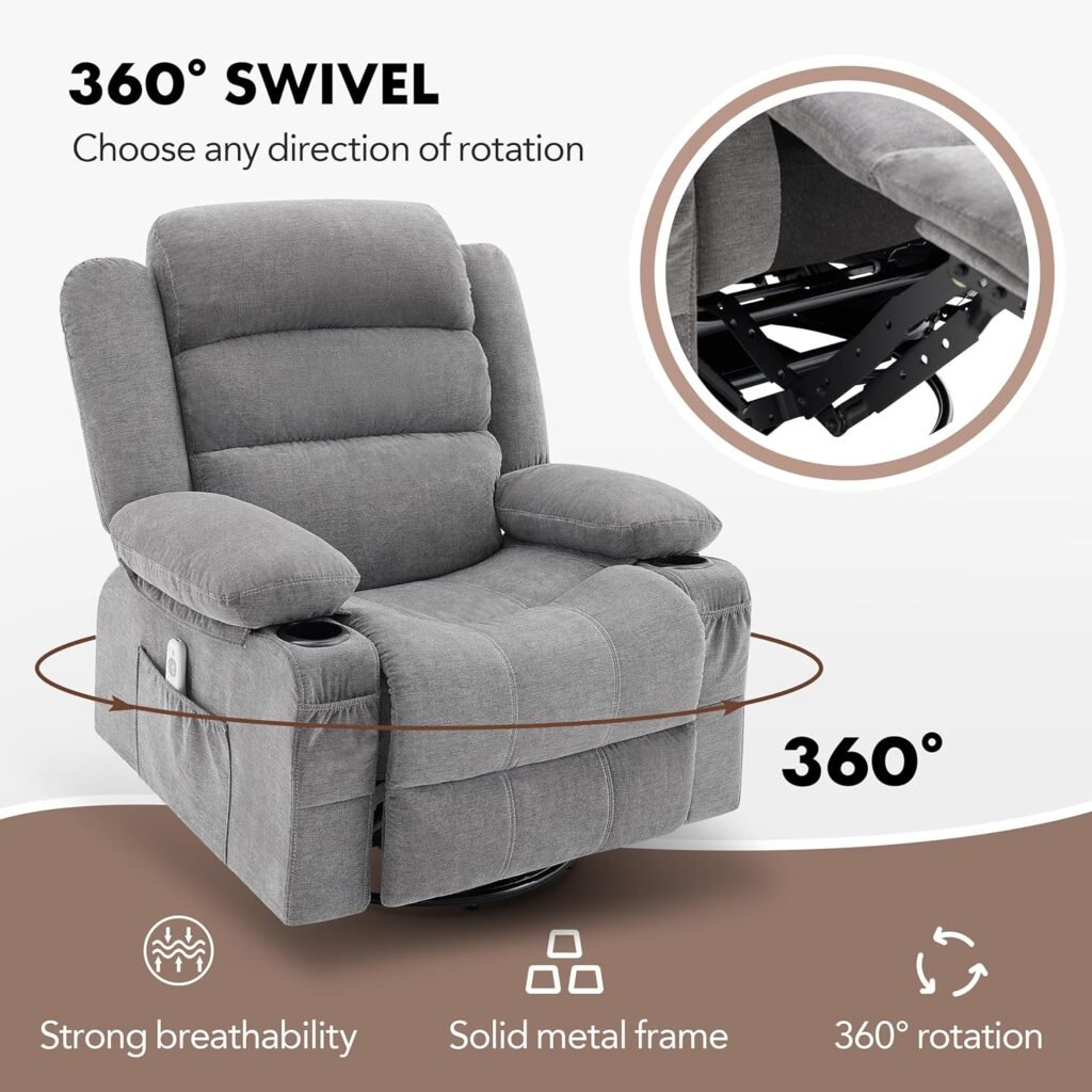 DIFUY Swivel Rocker Recliner Chair with Heat and Massage, 360 Degree Swivel Rocking Single Sofa with Cup Holders and USB Port, Big Oversized Recliner Chair for Living Room (Fabric, Pale Grey) …