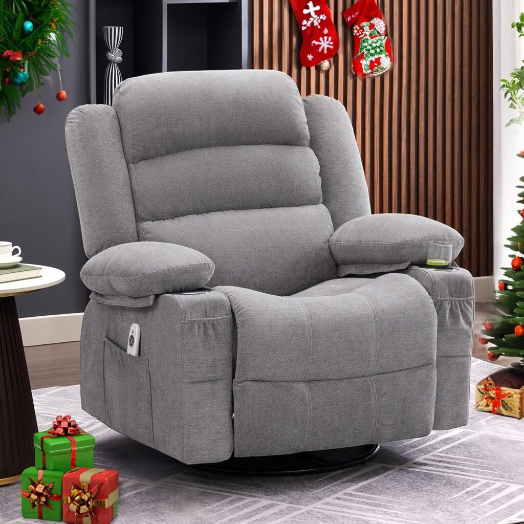 Difuy Swivel Rocker Recliner Chair with Heat and Massage, Ergonomic Lounge 360 Degree Swivel Single Sofa Seat with Rocking Function and Side Pocket, Oversized Recliner with Cup Holders, USB Port, Grey