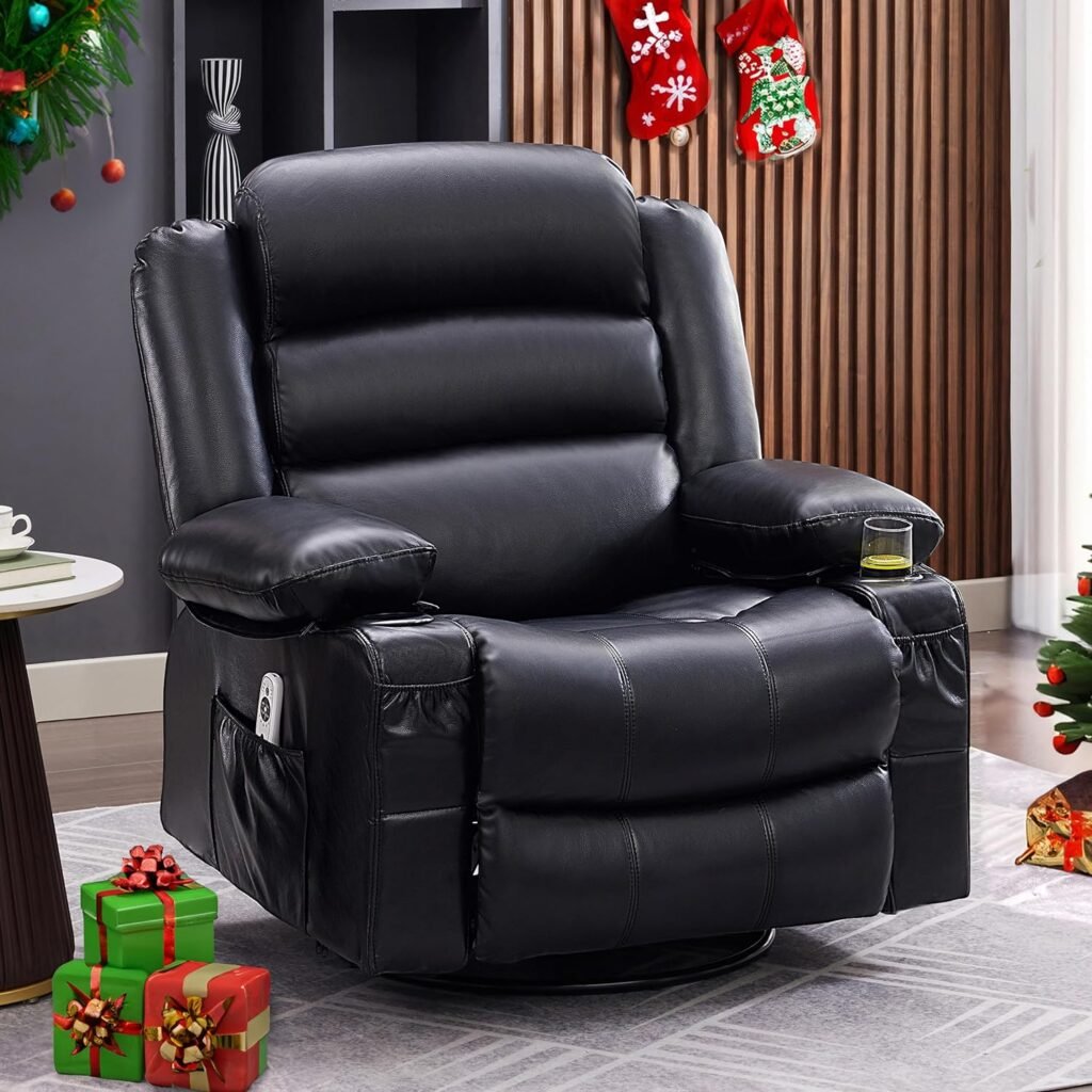 Difuy Swivel Rocker Recliner Chair with Heat and Massage, Ergonomic Lounge 360 Degree Swivel Single Sofa Seat with Rocking Function and Side Pocket, Oversized Recliner with Cup Holders, USB Port, Grey