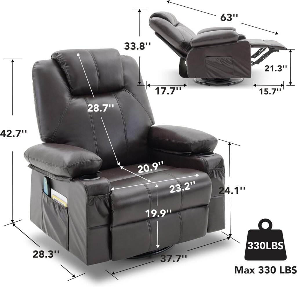 Difuy Swivel Rocker Recliner Chair with Heat and Massage, Ergonomic Lounge 360 Degree Swivel Single Sofa Seat with Rocking Function and Side Pocket, Oversized Recliner with Cup Holders, USB Port, Grey