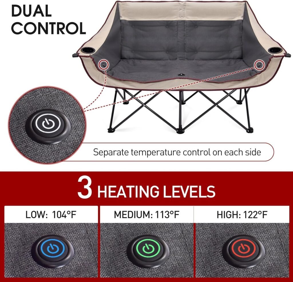 Docusvect Heated Double Camping Chair, Heats Back and Seat, 3 Heat Levels, Folding Loveseat Camping Chair with Cup  Wine Glass Holders, Rich Pockets, Supports 450 lbs, Battery NOT Included