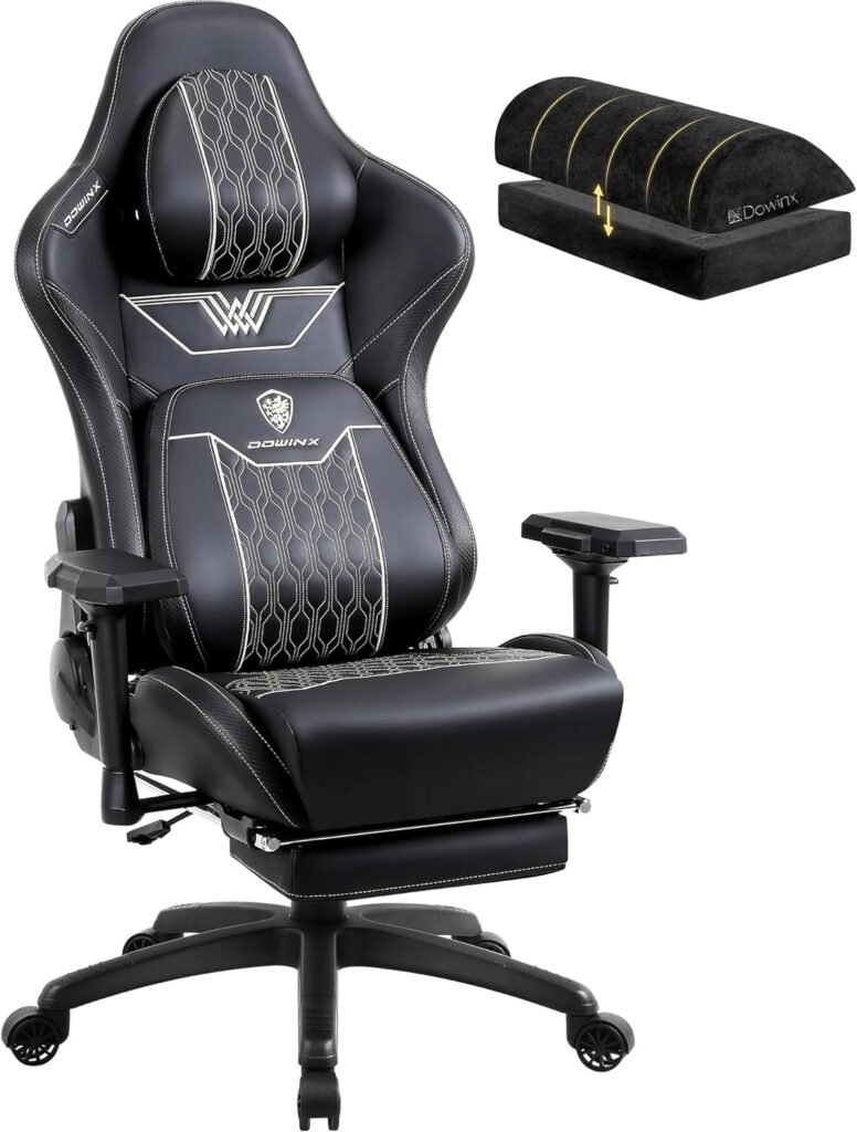 Dowinx Big and Tall Gaming Chair with Footrest, High Back Ergonomic Office Chair with Comfortable Headrest and Lumbar Support, 4D Armrests Computer Chair for Adults, Pu Leather, Black