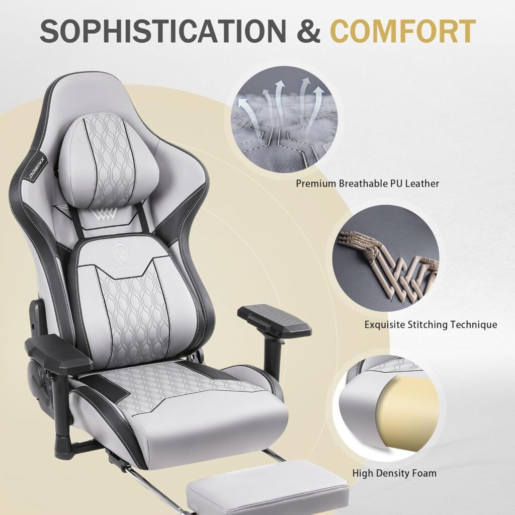 Dowinx Big and Tall Gaming Chair with Footrest, High Back Ergonomic Office Chair with Comfortable Headrest and Lumbar Support, 4D Armrests Computer Chair for Adults, Pu Leather, Black