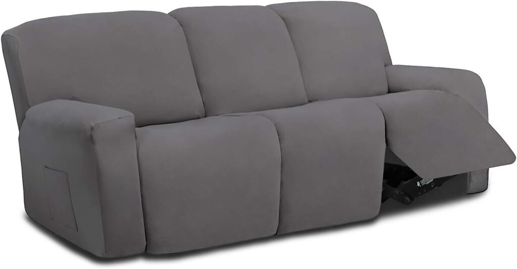 Easy-Going 8 Pieces Microfiber Stretch Sectional Recliner Sofa Slipcover Soft Fitted Fleece 3 Seats Couch Cover Washable Furniture Protector with Elasticity for Kids Pet(Recliner Sofa, Light Gray)