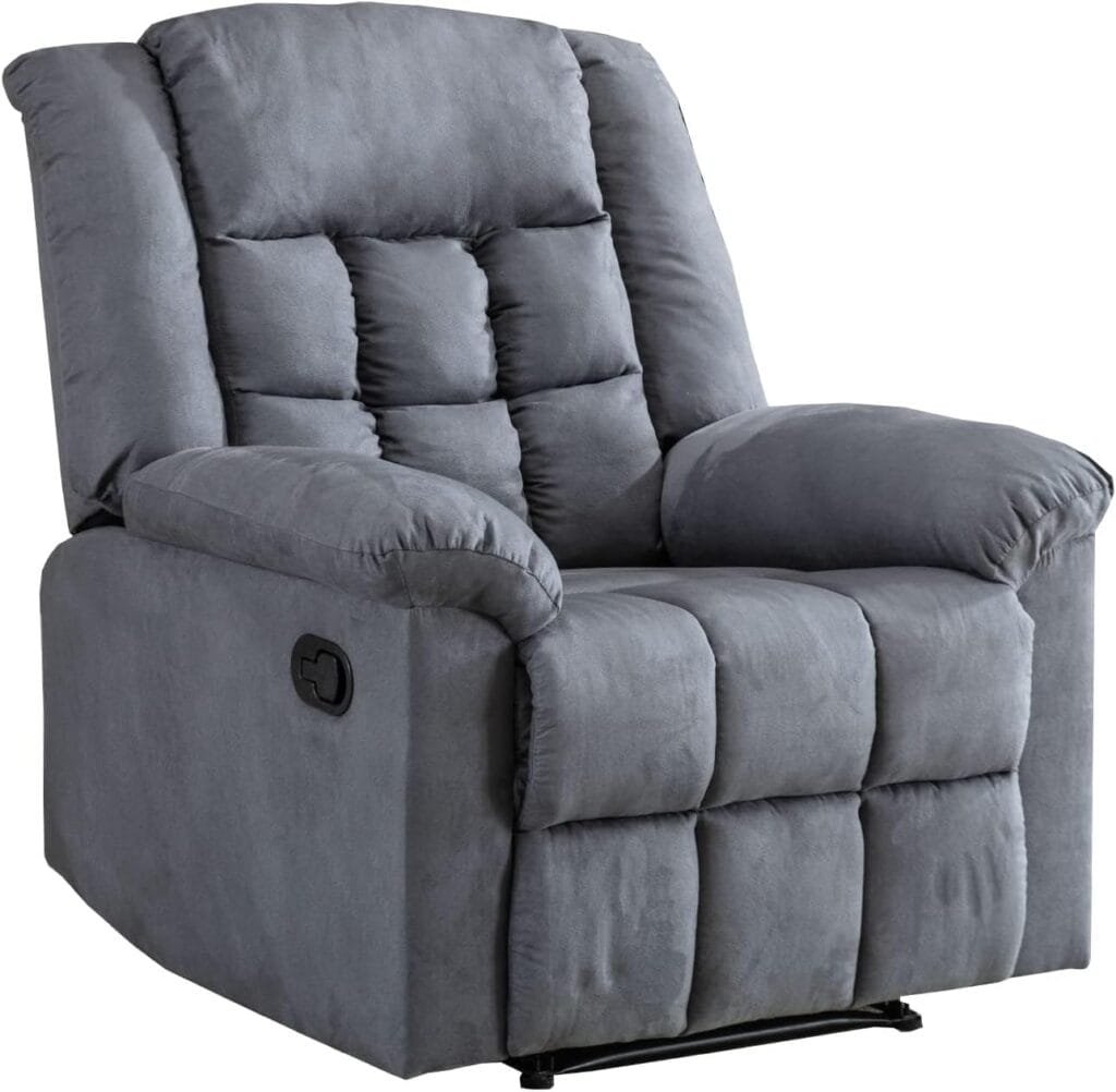 EBELLO Classic Manual Recliner Chair with Soft Padded Headrest and Armrest, Overstuffed Chair and Sofa for Living Room, Bedroom, Grey