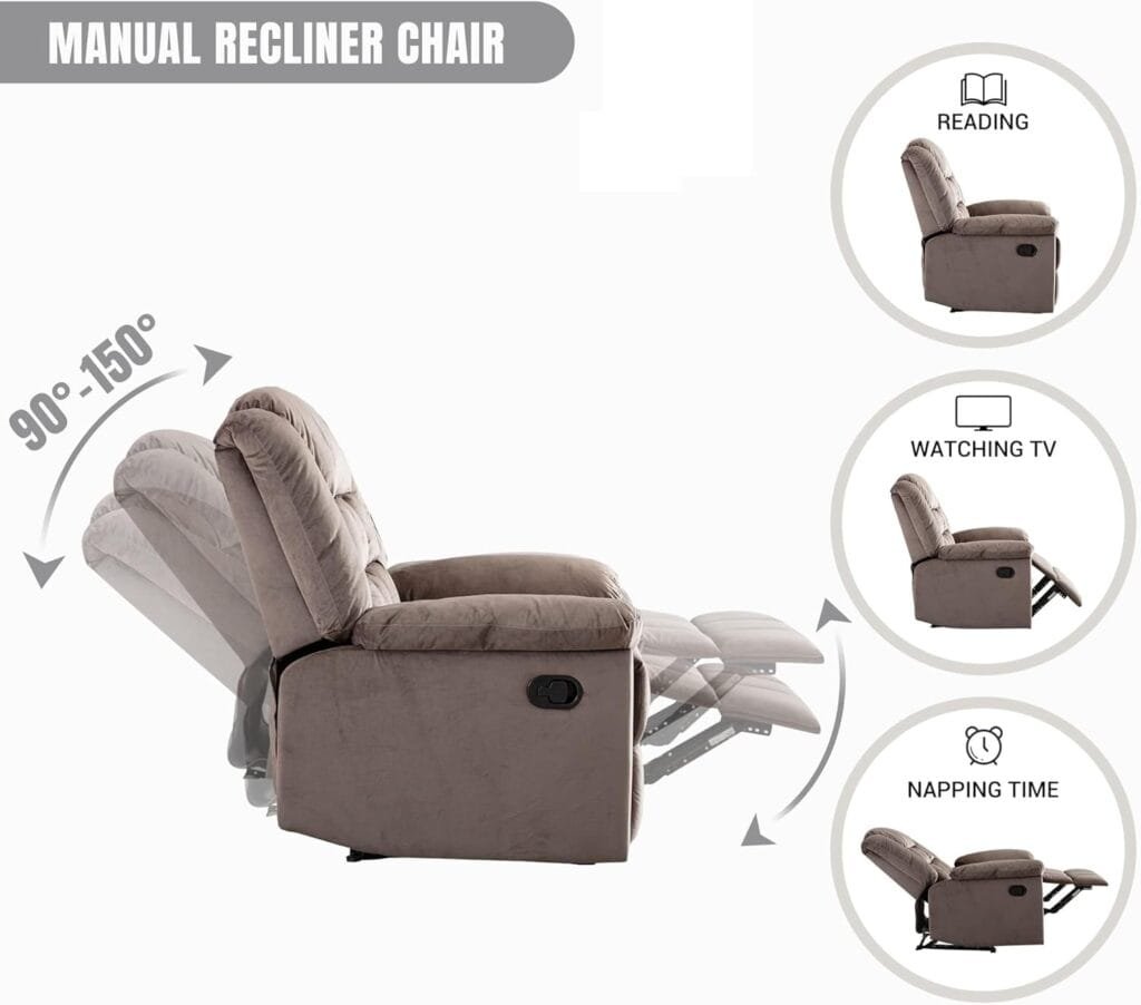 EBELLO Classic Manual Recliner Chair with Soft Padded Headrest and Armrest, Overstuffed Chair and Sofa for Living Room, Bedroom, Grey