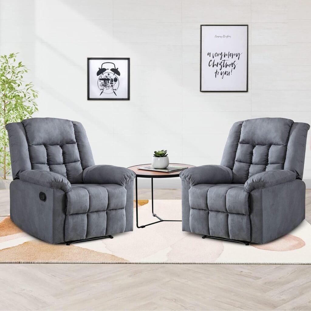 EBELLO Classic Manual Recliner Chair with Soft Padded Headrest and Armrest, Overstuffed Chair and Sofa for Living Room, Bedroom, Grey