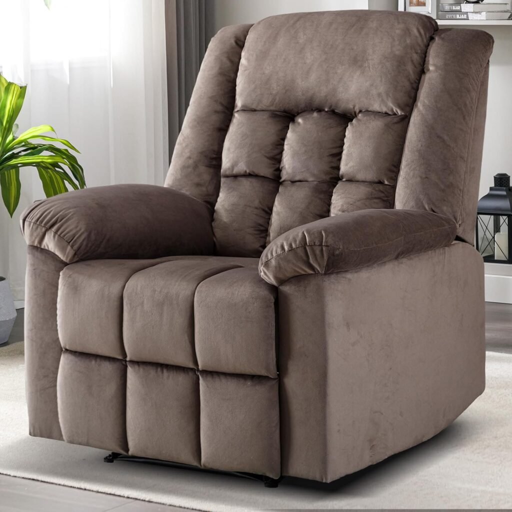 EBELLO Manual Recliner Chair, Classic Overstuffed Recliner with Soft Padded Headrest and Armrest, Living Room Furniture, Brown