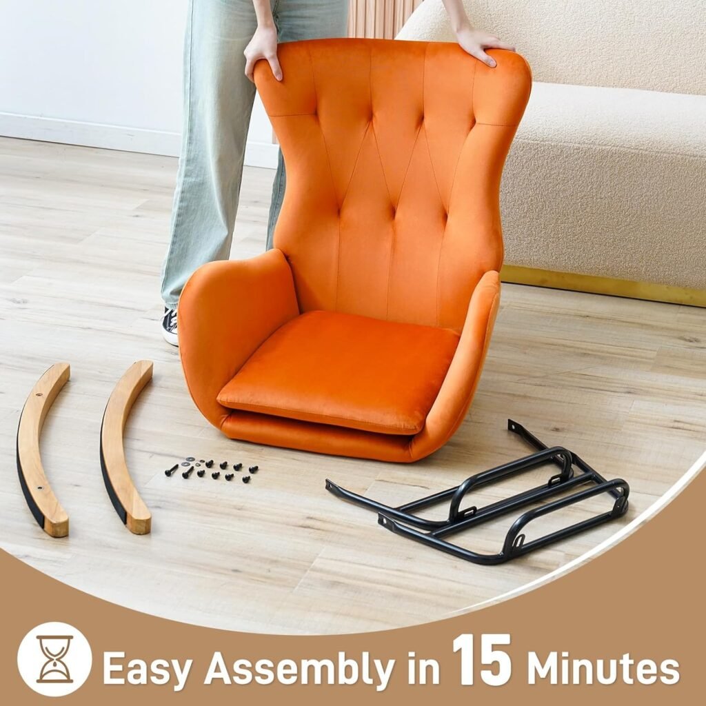 ED FURNITURE Rocking Chair Nursery, Glider Chair for Baby Nursing with Blanket Velvet Upholstered Glider Rocker Comfy Armchair Living Room Chair Accent Chair with High Backrest and Armrests, Orange