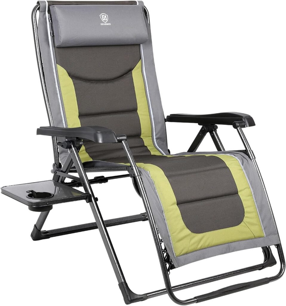 EVER ADVANCED Oversize XL Zero Gravity Recliner Padded Patio Lounger Camping Chair with Adjustable Headrest Support 350lbs (Olive Green)