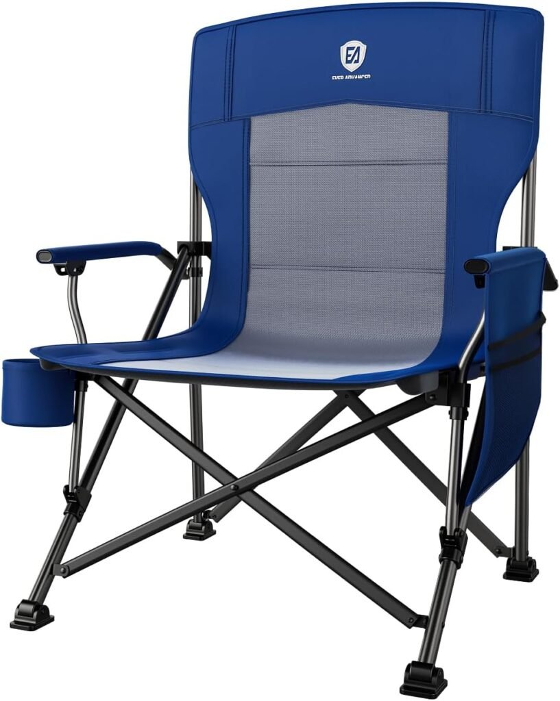 EVER ADVANCED Oversized Folding Camping Chair, Heavy Duty Lawn Chair with Side Pockets, Portable Collapsible Chair for Outside, Support Up to 500lbs, Blue