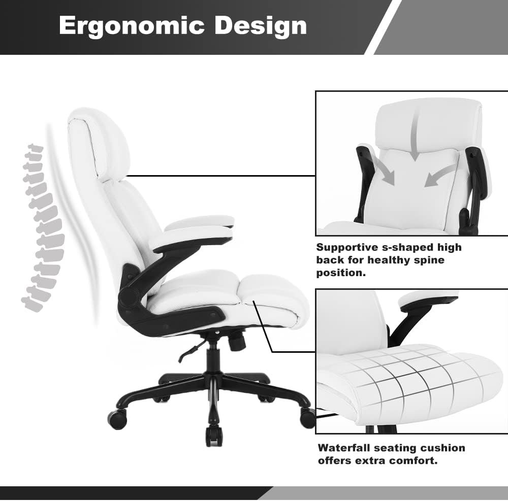 Executive Office Chair, Big and Tall Office Chair 500lbs for Heavy People Ergonomic High Back Leather Executive Office Chair with Flip-up Armrests and Adjustable Height Office Chair (Black)