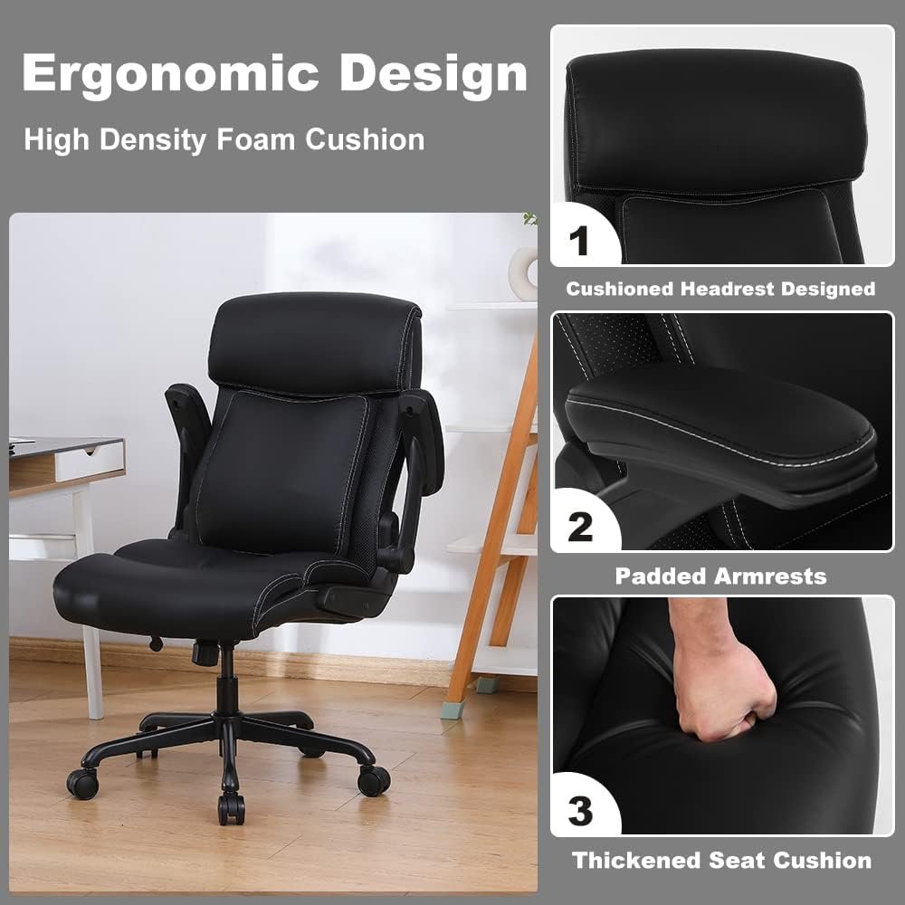 Executive Office Chair, Big and Tall Office Chair 500lbs for Heavy People Ergonomic High Back Leather Executive Office Chair with Flip-up Armrests and Adjustable Height Office Chair (Black)