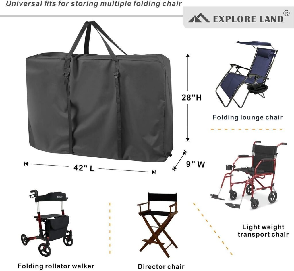 Explore Land Heavy Duty Chair Storage Bag for Folding Longue Chair, Zero Gravity Chair, Light Weight Transport Chair (2 Pack - 42 Lx 9 Wx 28 H inches, Gray)