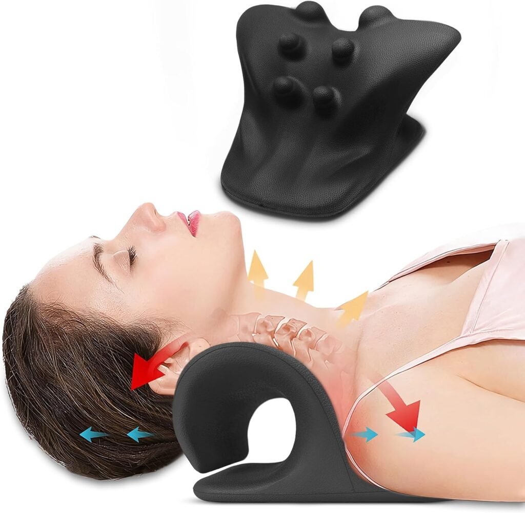 EXQUISLIFE Neck and Shoulder Relaxer, Cervical Traction Device for Muscle Tension Relief, Neck Stretcher for TMJ Pain Relief and Cervical Spine Alignment, Chiropractic Pillow, Black