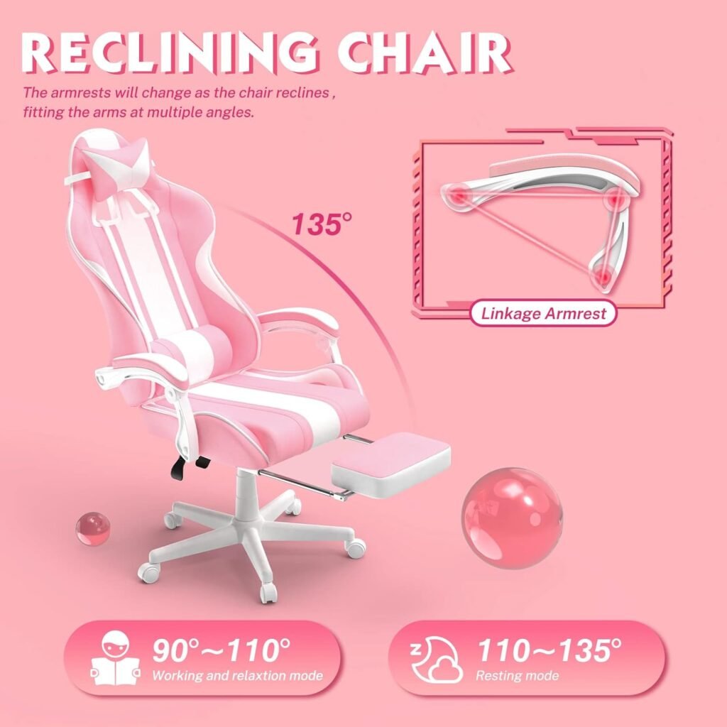 Ferghana Kawaii Pink Gaming Chair with Bunny Ears, Ergonomic Cute Gamer Chair with Footrest and Massage, Racing Reclining Leather Office Computer Game Chair 250lbs for Girls Adults Teens Kids