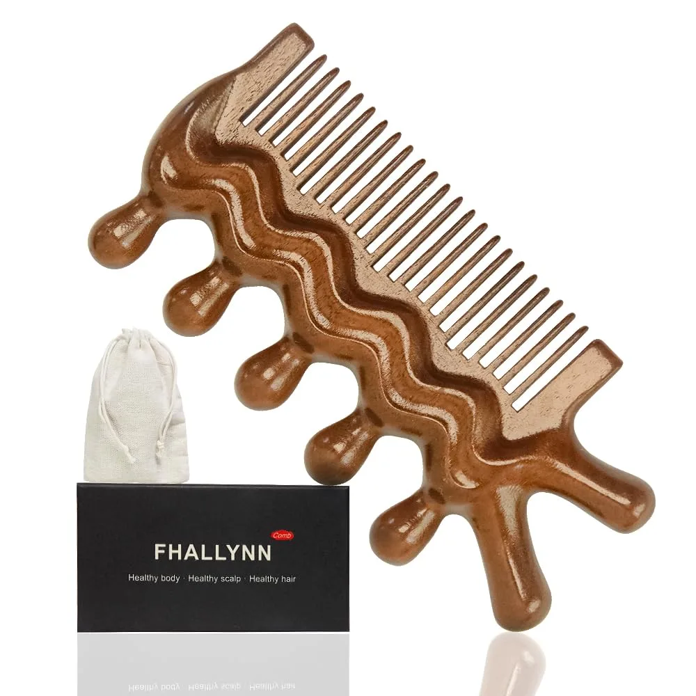 FHALLYNN Wooden Massage Comb, Trigger Point Massage Tool, Manual Head Massager, Scalp Massager Comb, Gua Sha Comb