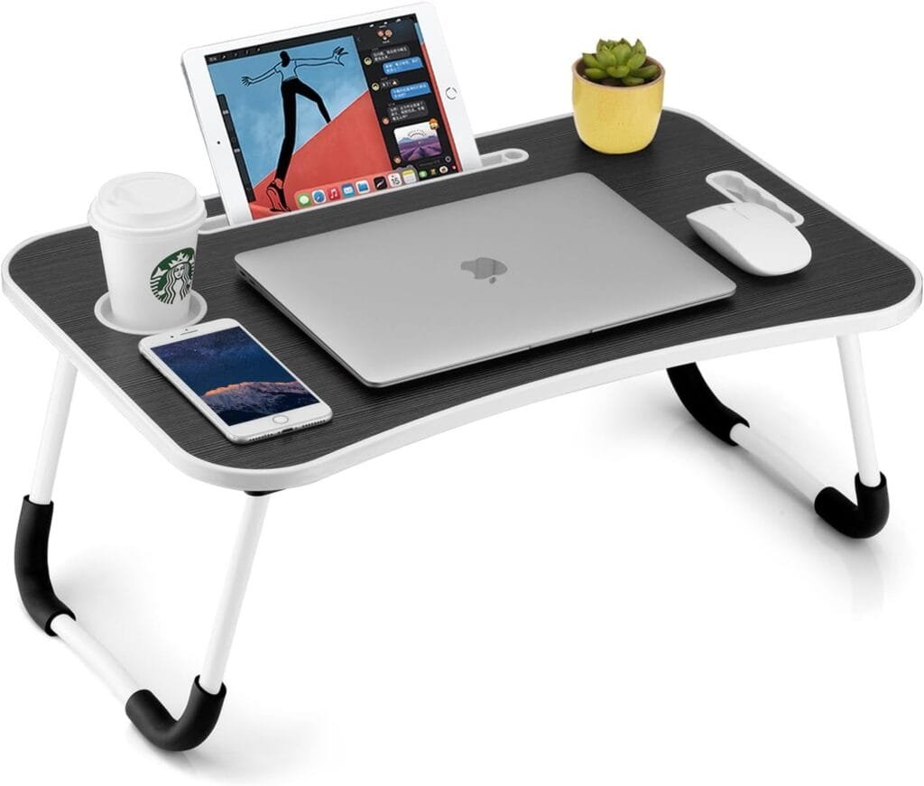 FISYOD Foldable Laptop Table, Portable Lap Desk Bed Table Tray, Laptop Stand with Cup Holder  Tablet Slot  Lifting Handle for Working Writing Drawing  Eating (Black)