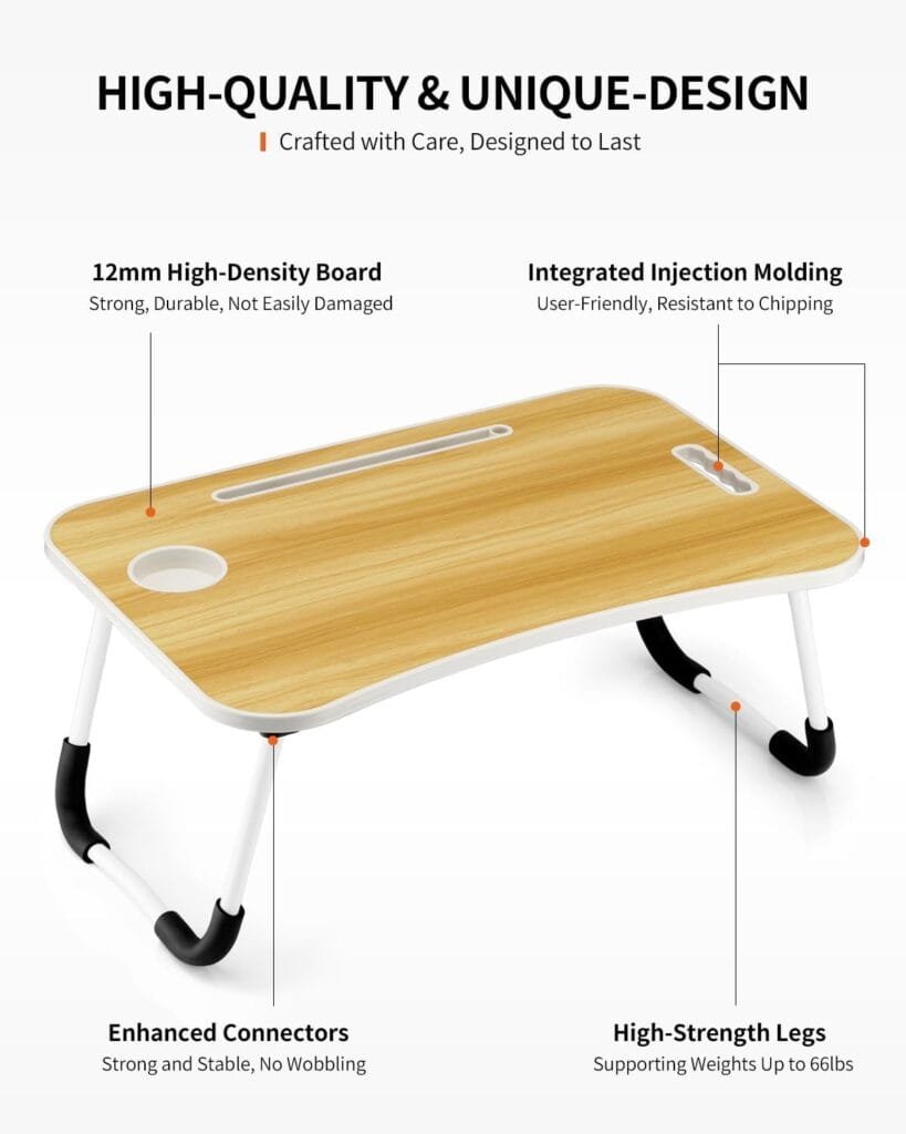 FISYOD Foldable Laptop Table, Portable Lap Desk Bed Table Tray, Laptop Stand with Cup Holder  Tablet Slot  Lifting Handle for Working Writing Drawing  Eating (Black)