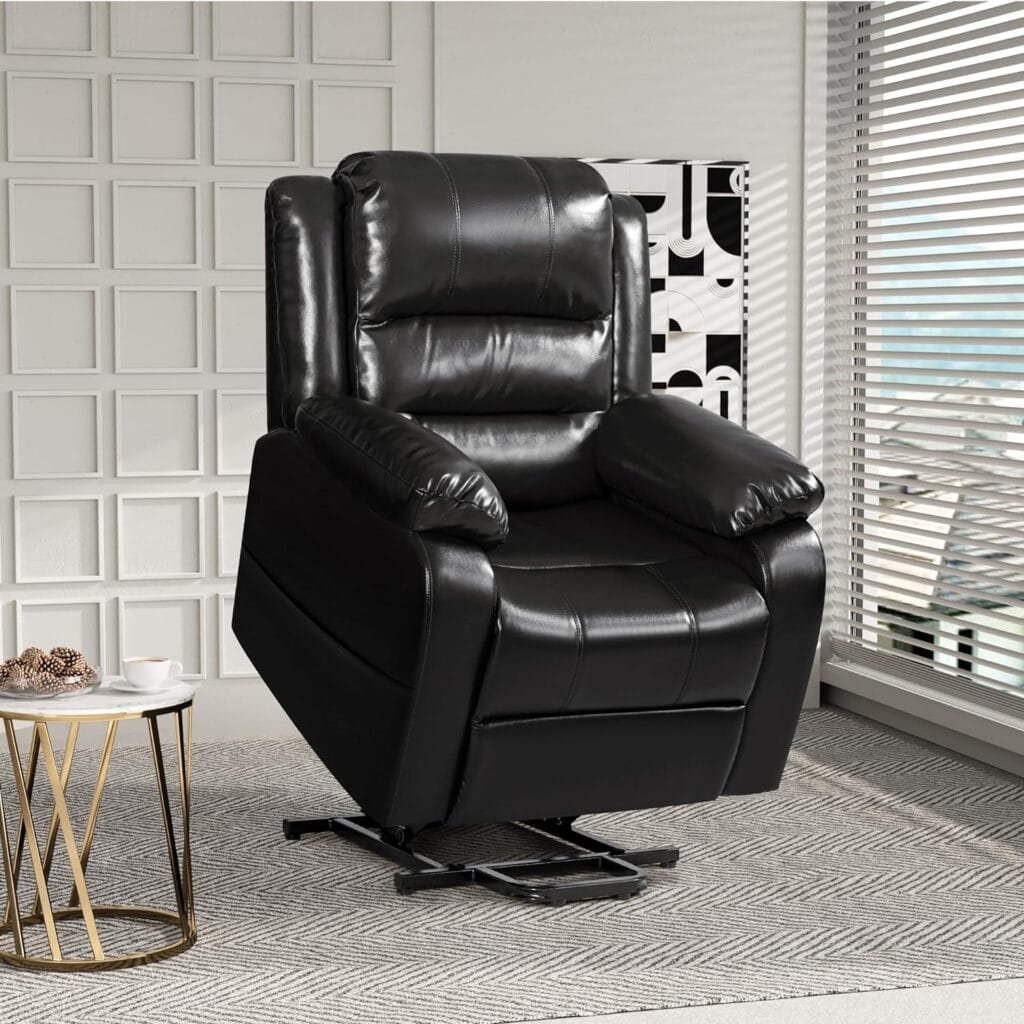 Flamaker Power Lift Recliner Chair PU Leather for Elderly Ergonomic Lounge Chair Classic Single Sofa with 2 Cup Holders Side Pockets Home Theater Seat (Normal, Black)