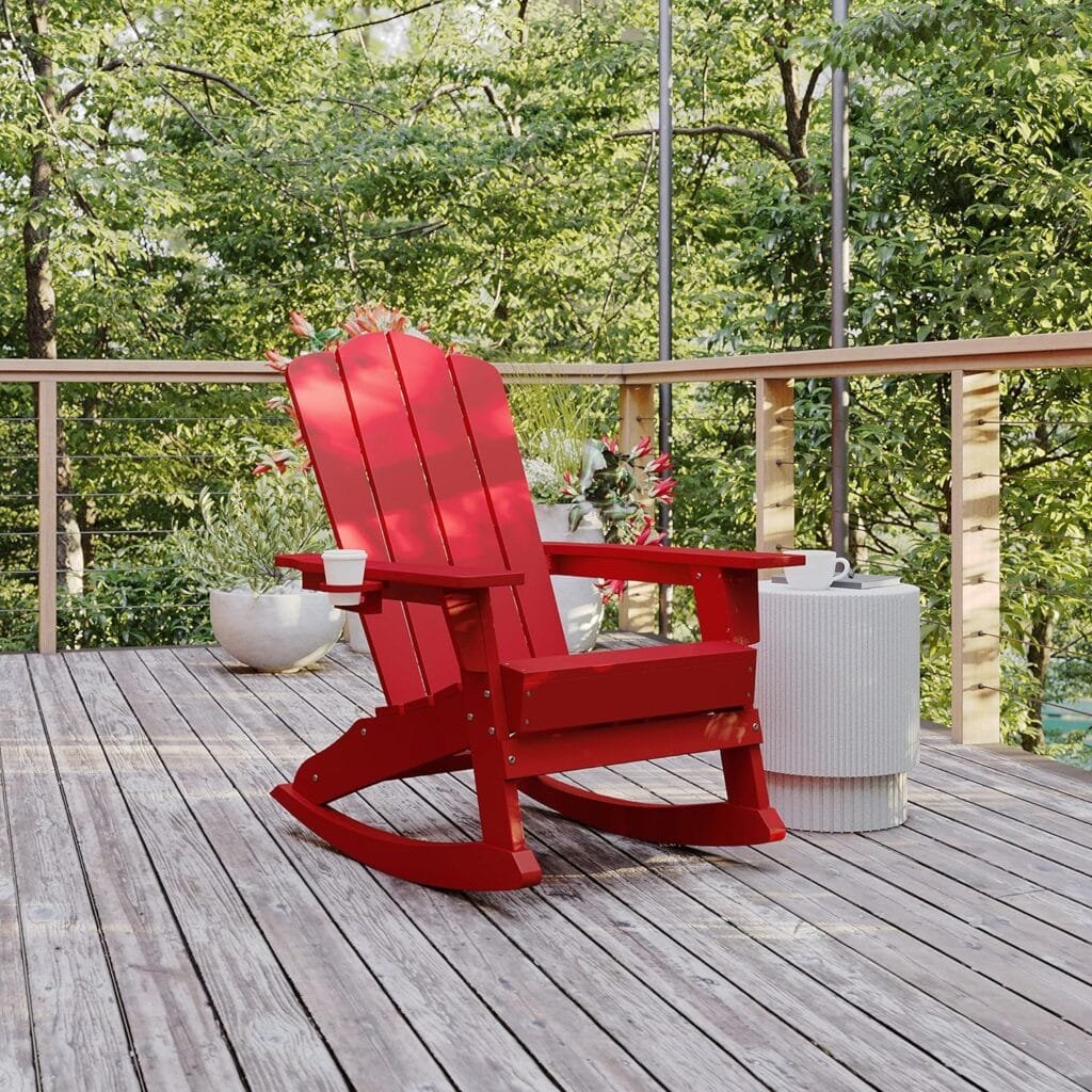 Flash Furniture Halifax Adirondack Rocking Chair with Cup Holder, Weather Resistant Poly Resin Adirondack Rocking Chair, Red