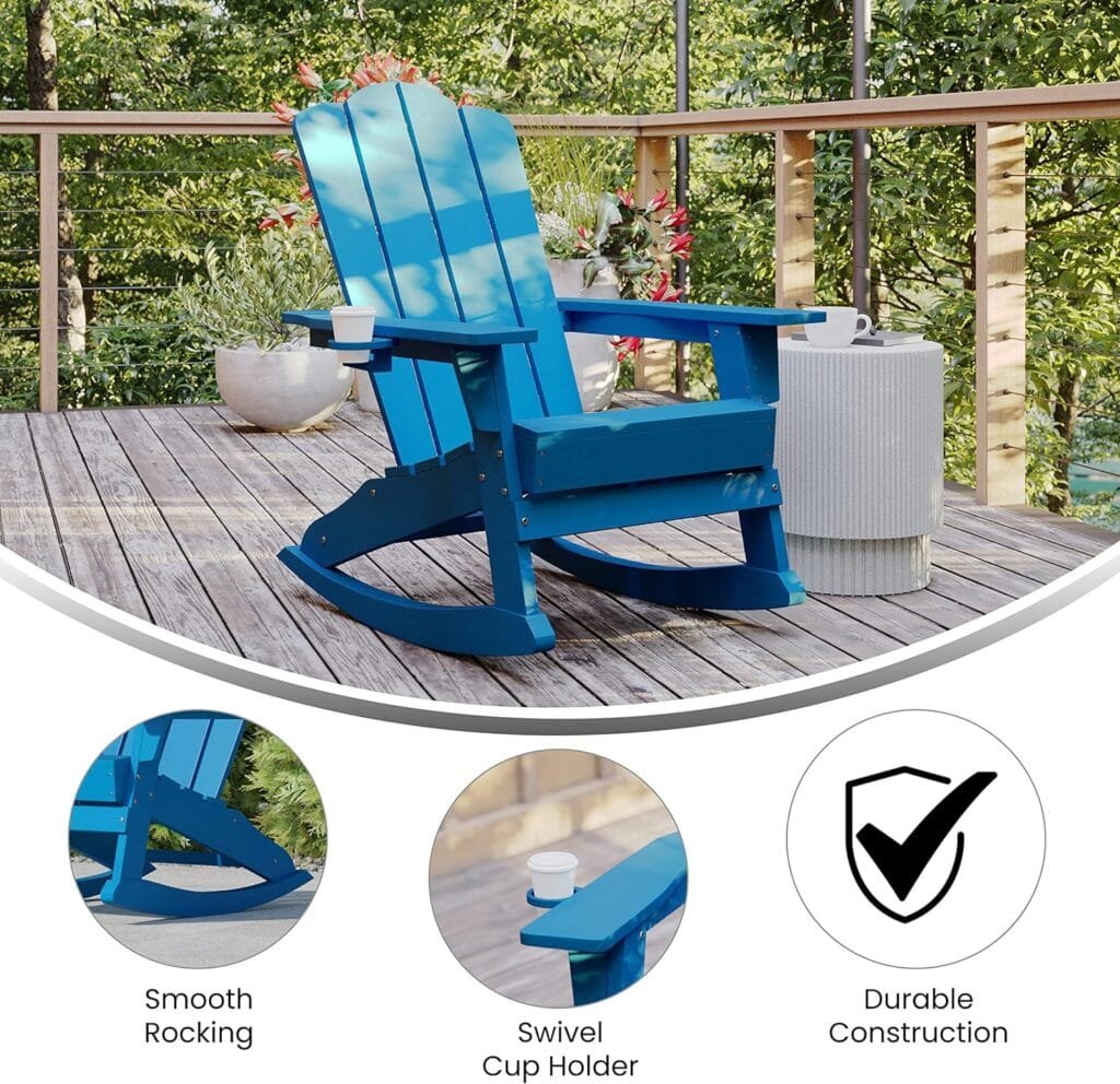 Flash Furniture Halifax Adirondack Rocking Chair with Cup Holder, Weather Resistant Poly Resin Adirondack Rocking Chair, Red