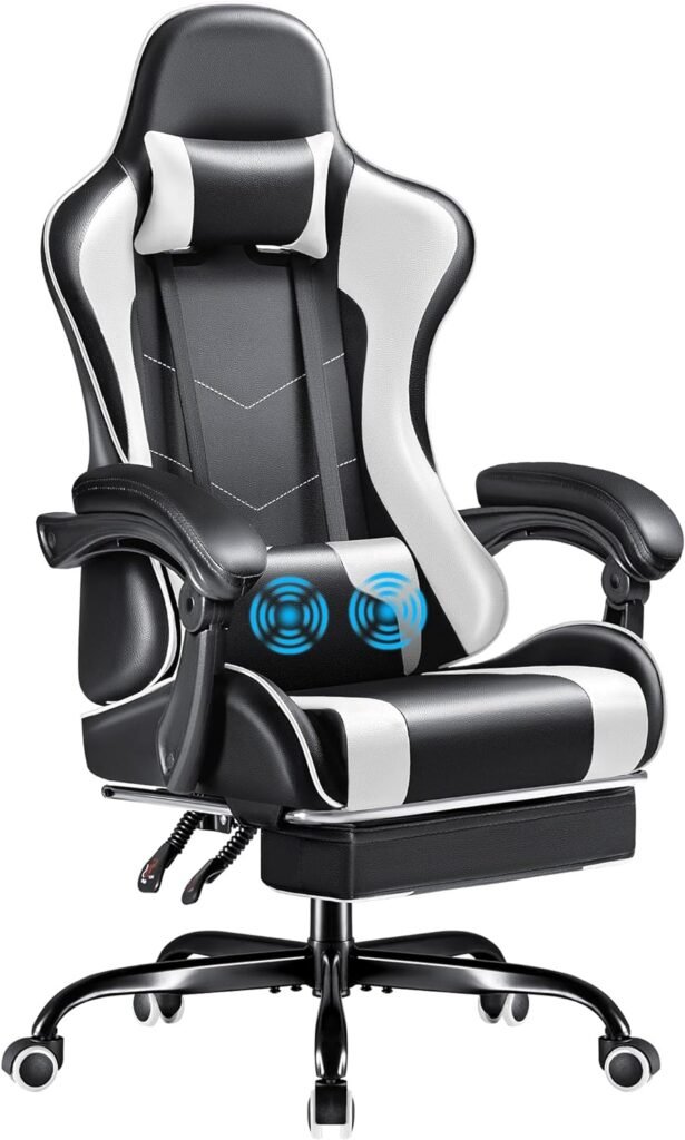 Furmax Gaming Chair, Video Game Chair with Footrest and Massage Lumbar Support, Swivel Seat Height Adjustable Computer Chair with Headrest, Racing E-Sport Gamer Chair (White)