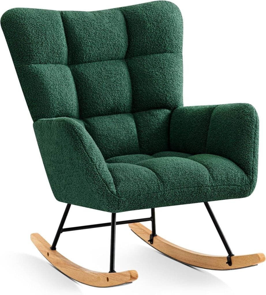 Furniliving Modern Rocking Chair Nursery, Sherpa Rocking Accent Chair with Thicken Cushioned Seat, Glider Chair for Nursery, Upholstered Comfy Chair for Living Room,Bedroom(Green)