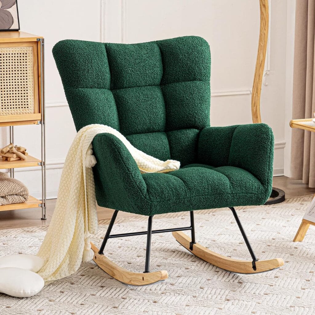 Furniliving Modern Rocking Chair Nursery, Sherpa Rocking Accent Chair with Thicken Cushioned Seat, Glider Chair for Nursery, Upholstered Comfy Chair for Living Room,Bedroom(Green)
