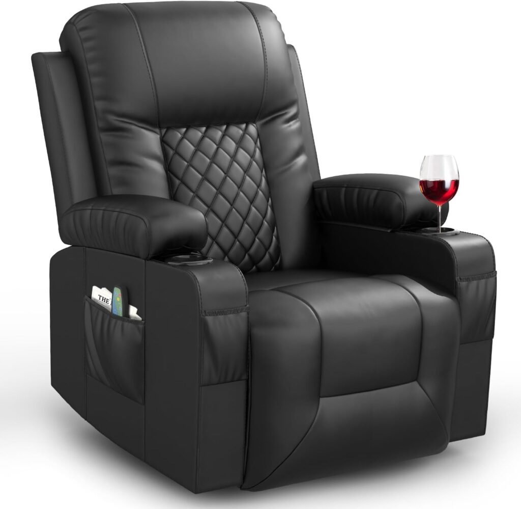 FURNIMAT Recliner Chairs for Adults, Massage Rocker with Heated Modern Ergonomic Lounge 360 Degree Swivel Single Sofa Seat Living Room Lounge Recliners Black