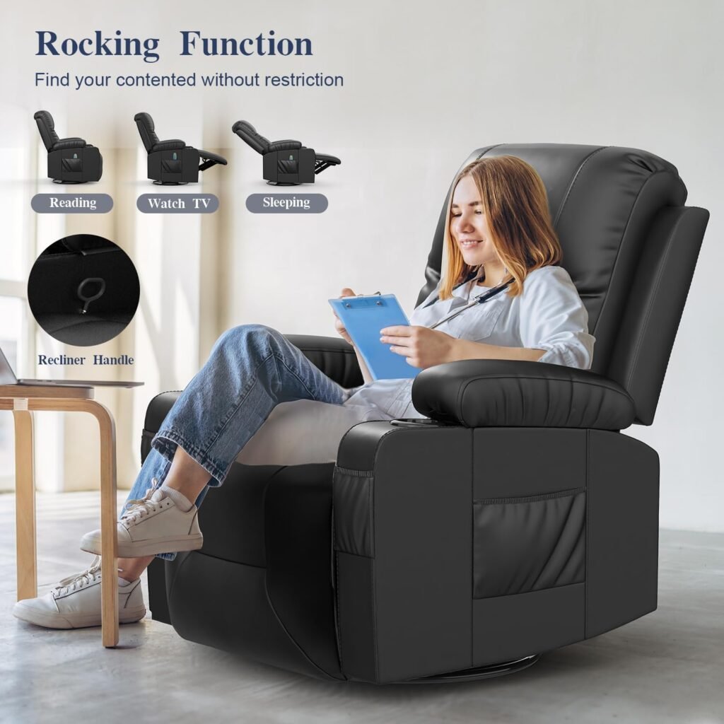 FURNIMAT Recliner Chairs for Adults, Massage Rocker with Heated Modern Ergonomic Lounge 360 Degree Swivel Single Sofa Seat Living Room Lounge Recliners Black