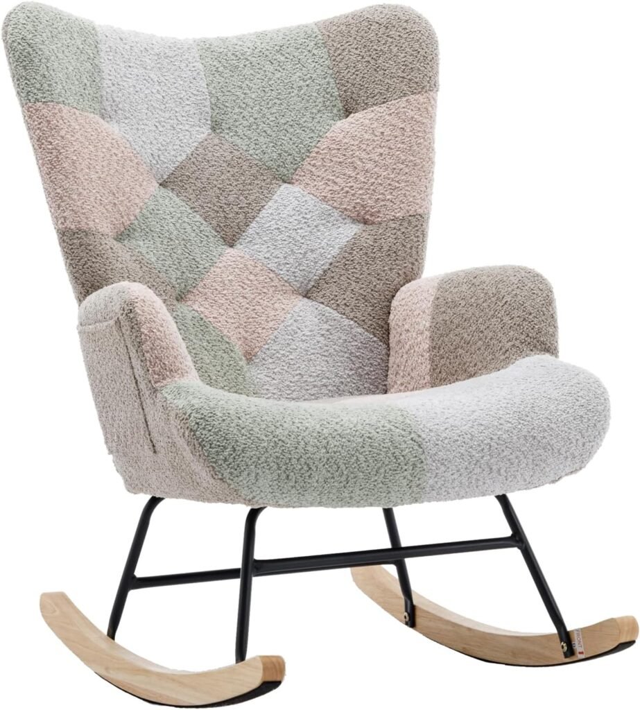 FurniTribe Rocking Chair for Nursery, Upholstered Teddy Fabric Nursing Chair with High Backrest, Modern Accent Glider Rocker Chair for Living Room Bedroom (Macaroon)