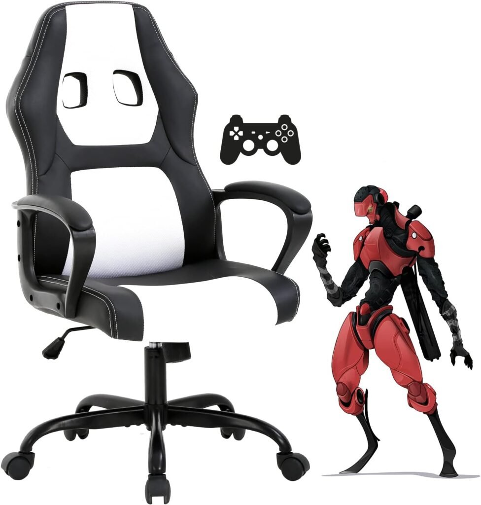 Gaming Chair PC Computer Chair Office Chair for Adult Teen Kids, Ergonomic PU Leather Gamer Chair with Lumbar Support High Back Adjustable Rolling Swivel Desk Chair, White