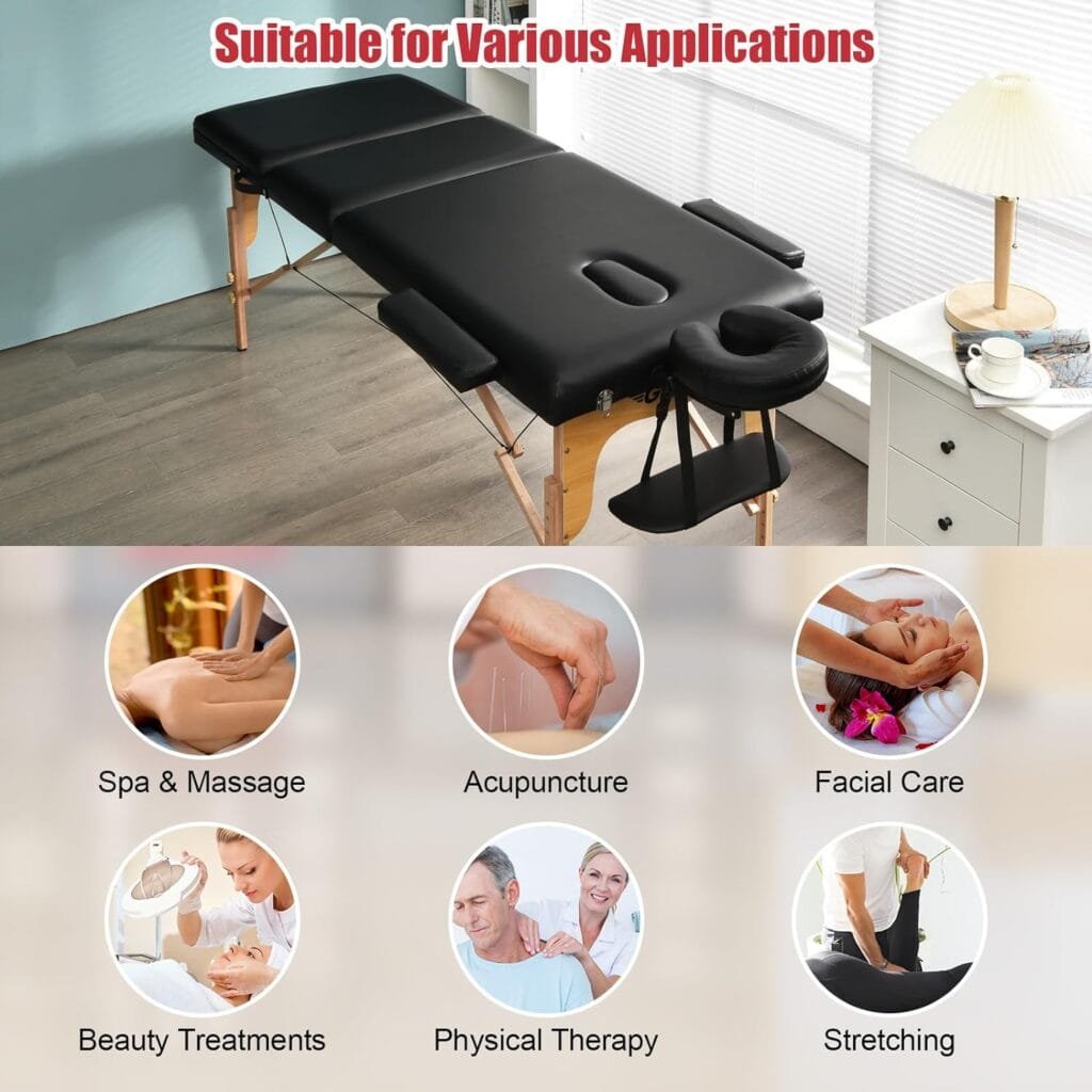 Giantex 84inch Folding Massage Table Lash Bed, Portable 3 Sections Spa Salon Tattoo Bed with Face Cradle Armrests Wooden Legs, Professional Massage Bed Height Adjustable with Carry Case (Black)