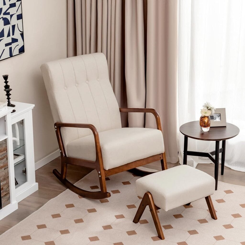 Giantex Rocking Chair with Ottoman, Upholstered Rocker Chair with Solid Rubber Wood Frame, Linen Nursery Chair with Padded Cushion, Tufted Glider Chair with Footrest for Living Room, Bedroom (Beige)