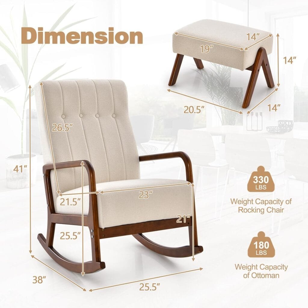 Giantex Rocking Chair with Ottoman, Upholstered Rocker Chair with Solid Rubber Wood Frame, Linen Nursery Chair with Padded Cushion, Tufted Glider Chair with Footrest for Living Room, Bedroom (Beige)